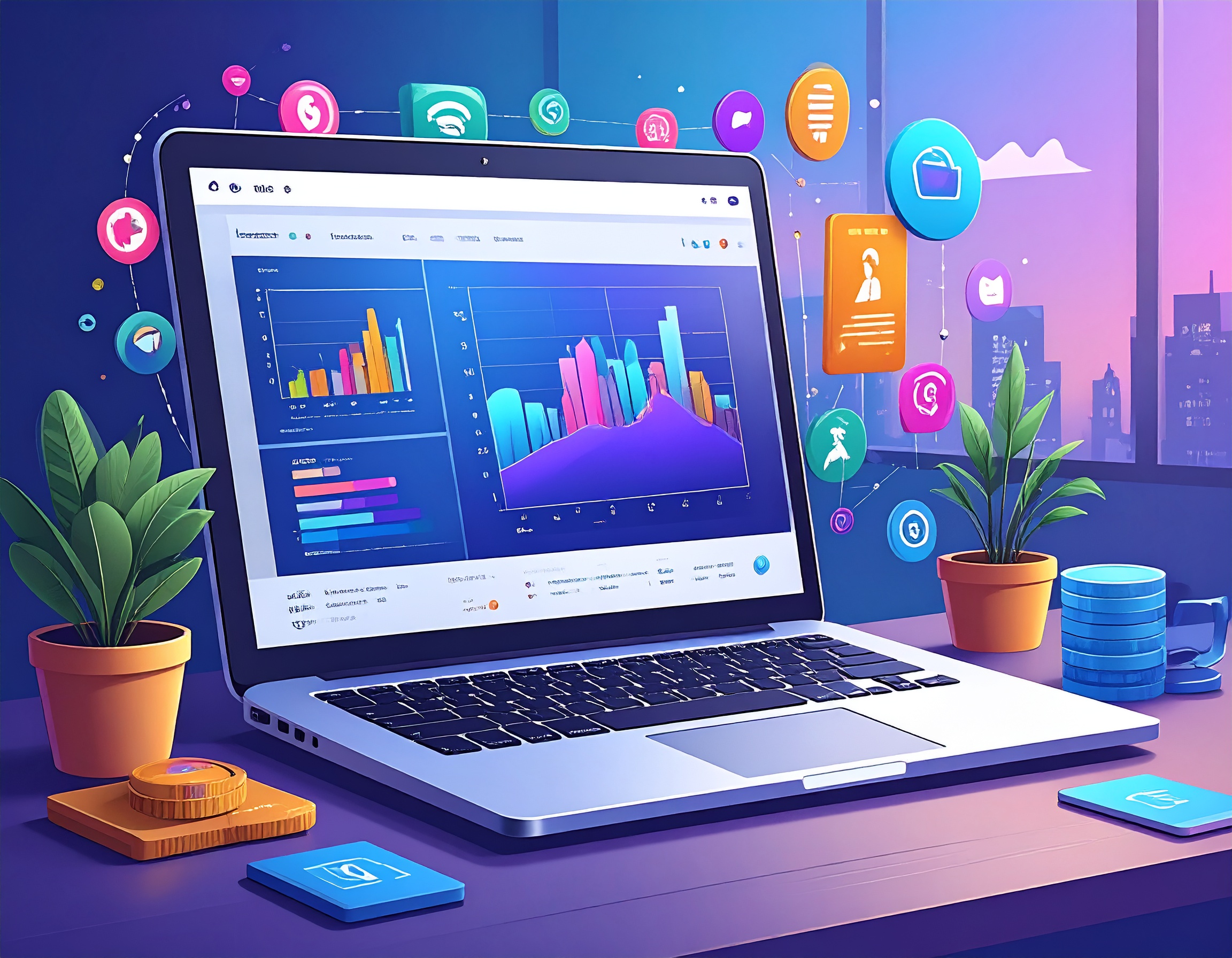 Firefly_Ilustrasi laptop terbuka menampilkan dashboard analitik, di sekelilingnya ada ikon me 540231